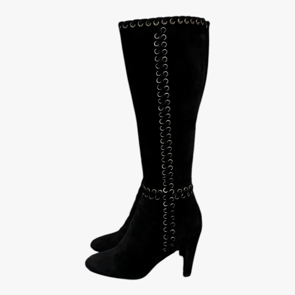 Size 8 tall black genuine leather/suede women full zipper knee high Prada Boots.
